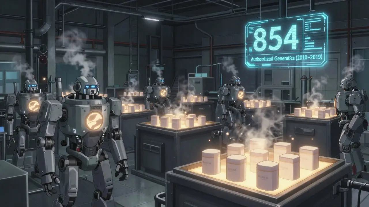 Factory with parallel production lines making branded and plain pills, holographic data floating above.