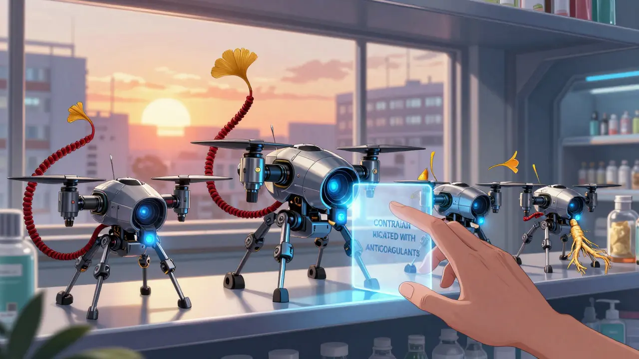 Five herbal supplements as robotic drones on a shelf, with feverfew blocked by a warning force field while a hand reaches toward it.