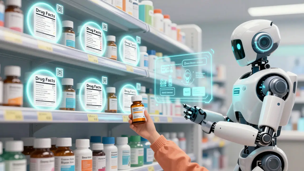 Futuristic pharmacy shelf with floating Drug Facts labels and AI assistant guiding pediatric medication choice.