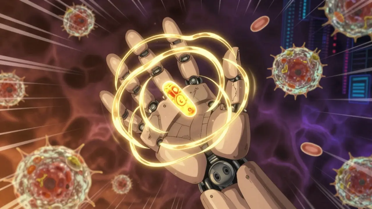 Golden IgG antibodies forming protective armor around a hand, repelling red immune cells attacking nerves and platelets in a digital battlefield.