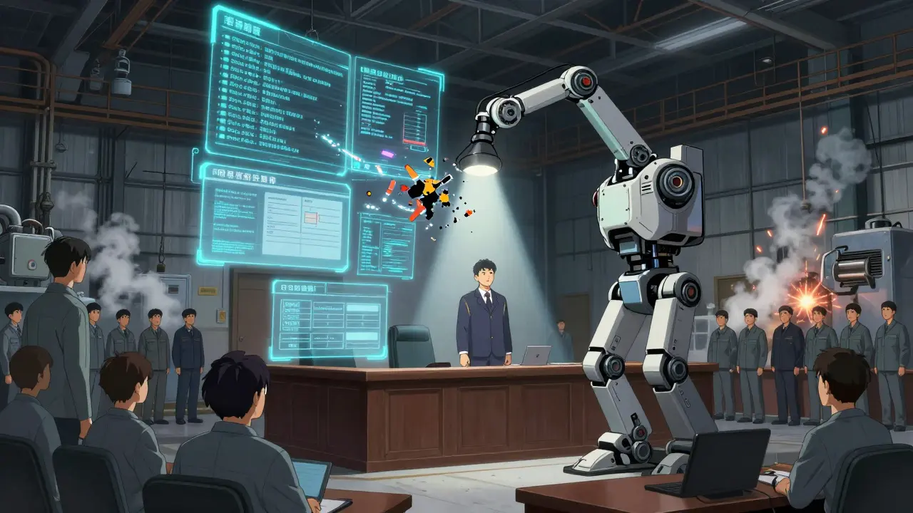 Holographic safety reports float in a massive hangar as an OSHA investigation unfolds with robotic arms and worker solidarity.