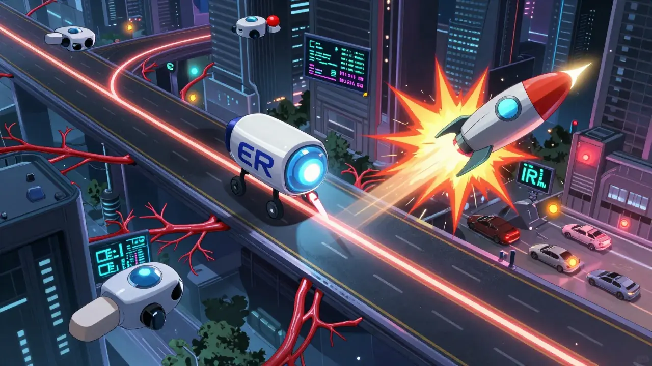 Internal body as a city with ER pill as a slow drone and IR pill as a speeding rocket.