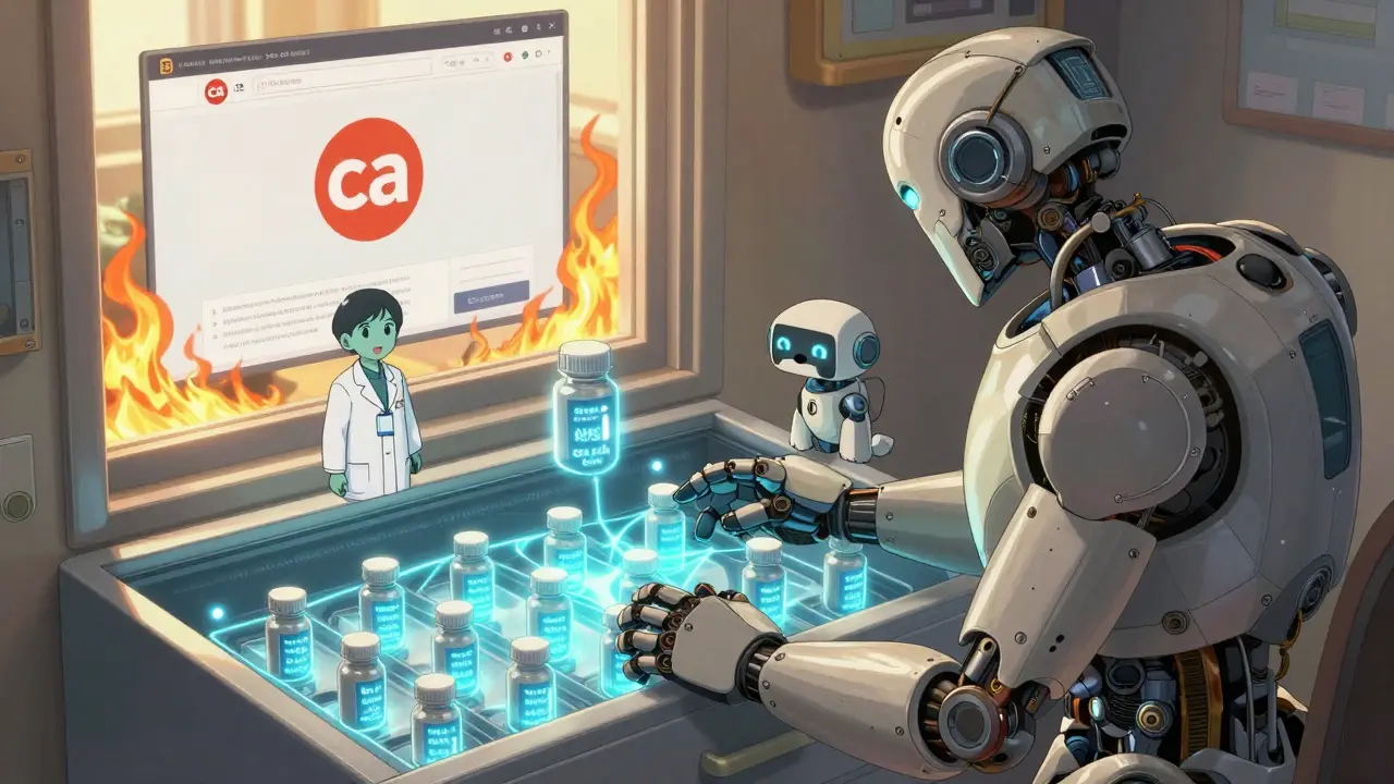 Medicine cabinet opening like a robot cockpit, with digital pills and AI guardians verifying authenticity.