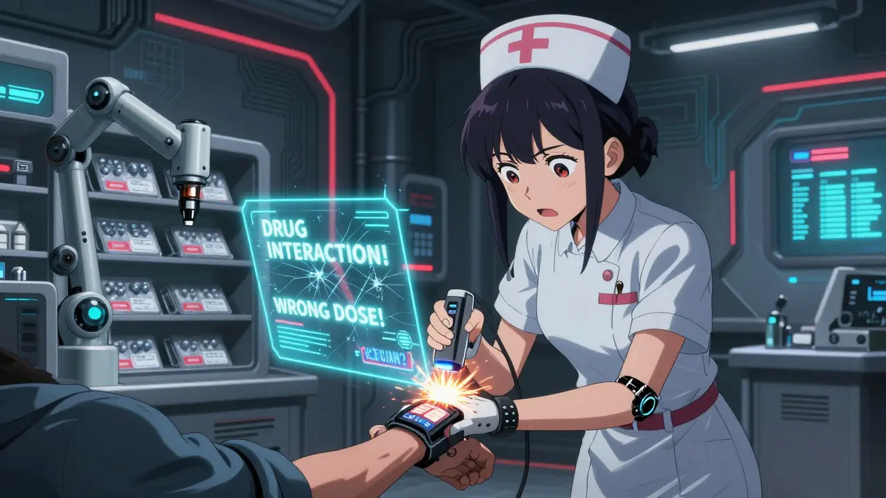 Nurse struggling with a glitching barcode scanner in a high-tech hospital, holographic alerts flashing around her.