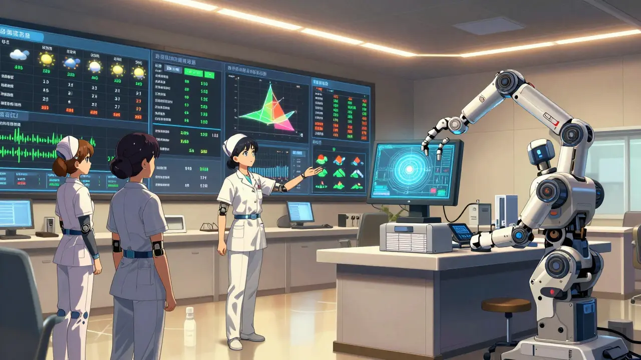 Nurses use an AI command center to predict staffing needs with real-time data visualizations.