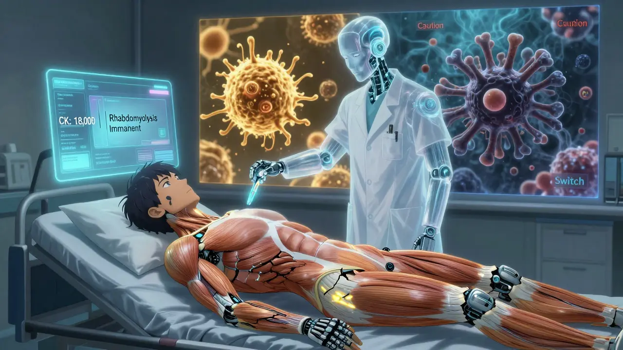 Patient in hospital with cracking muscles, robotic doctor displaying warning, Candida auris fungus weakened by rosuvastatin's golden glow.