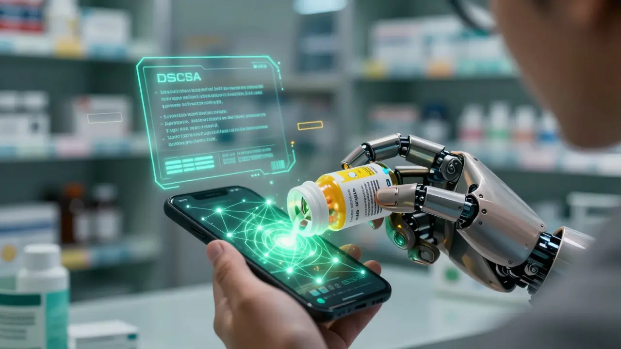 Patient scanning a pill bottle’s barcode with a smartphone, digital blockchain overlay visible.