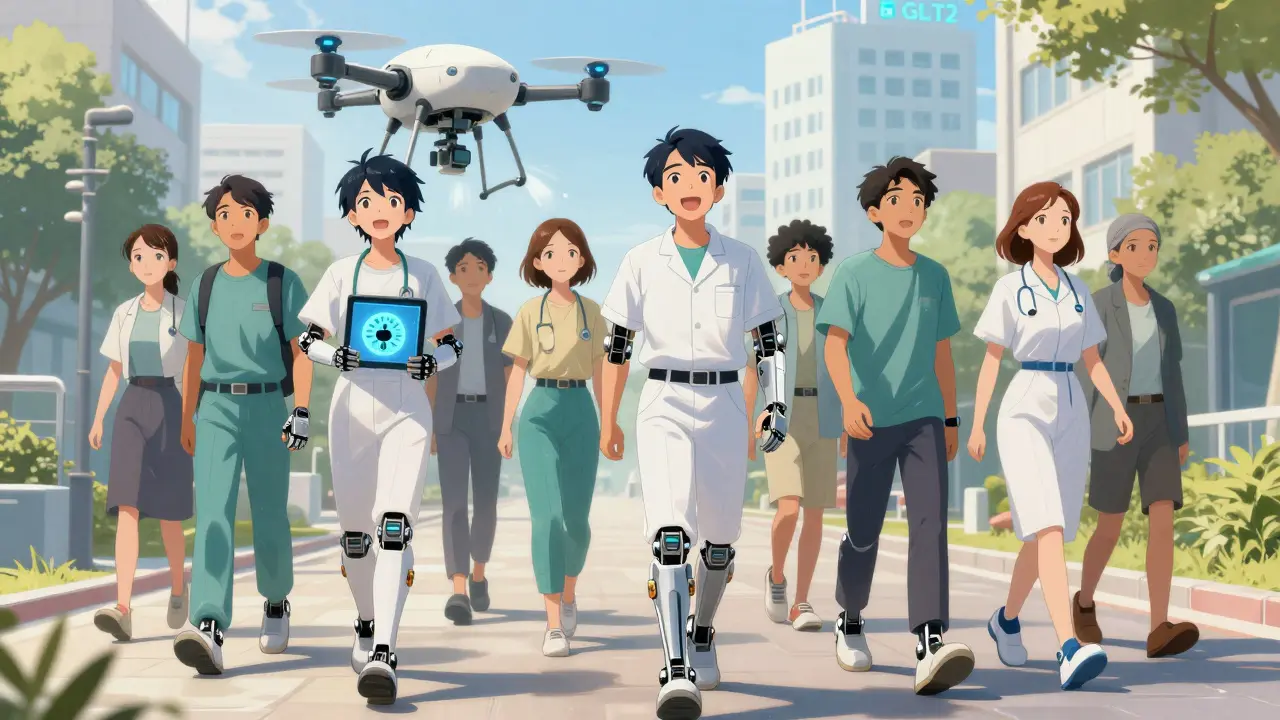 Patients walk on a sunny path wearing high-tech footwear, while a drone hovers nearby scanning for foot ulcers.