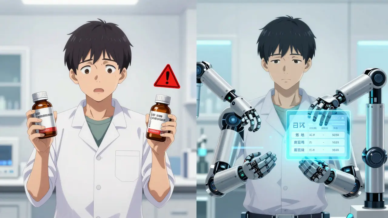 Person comparing two medicine bottles with digital overlays showing safe dosing and ingredient matching.