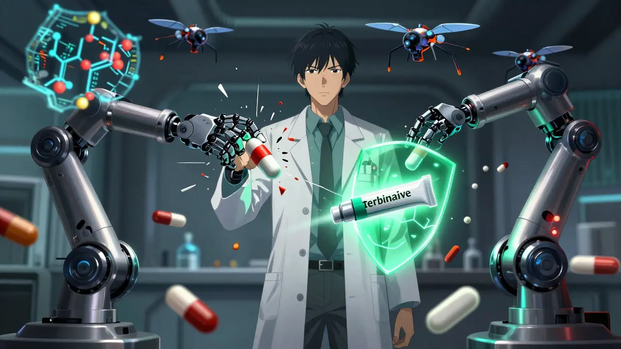 Pharmacist between robotic arms—one destroying simvastatin, the other delivering safe terbinafine—with molecular models floating nearby.
