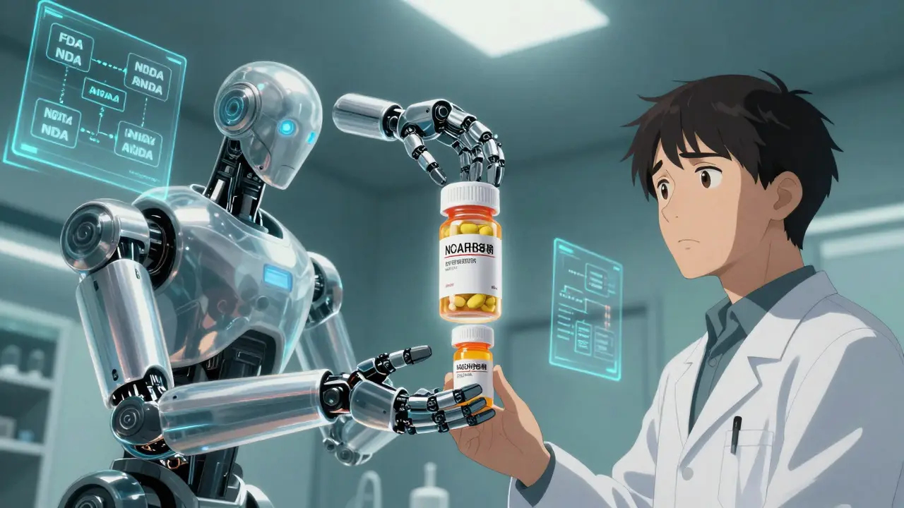 Pharmacist giving a pill bottle to a patient while robotic arms reveal the drug's hidden identity.