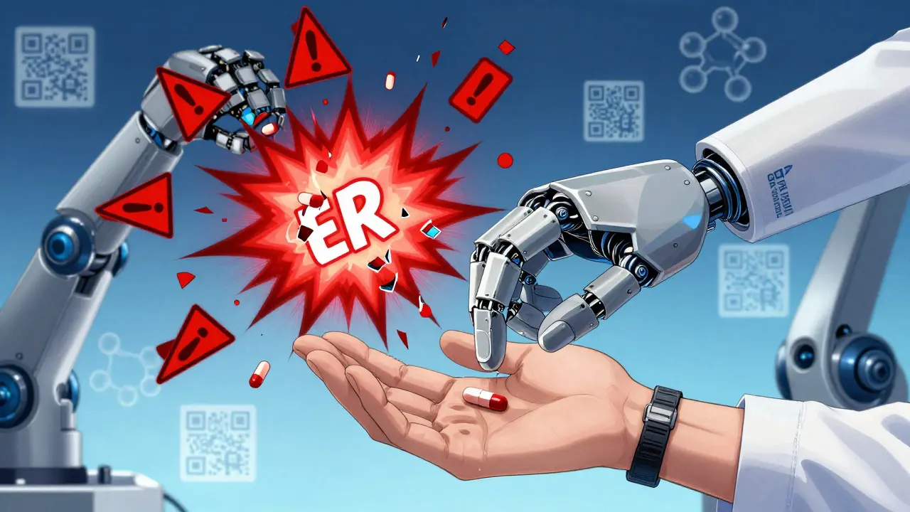 Pharmacist handing an intact ER pill while a shattered one causes a dangerous explosion.