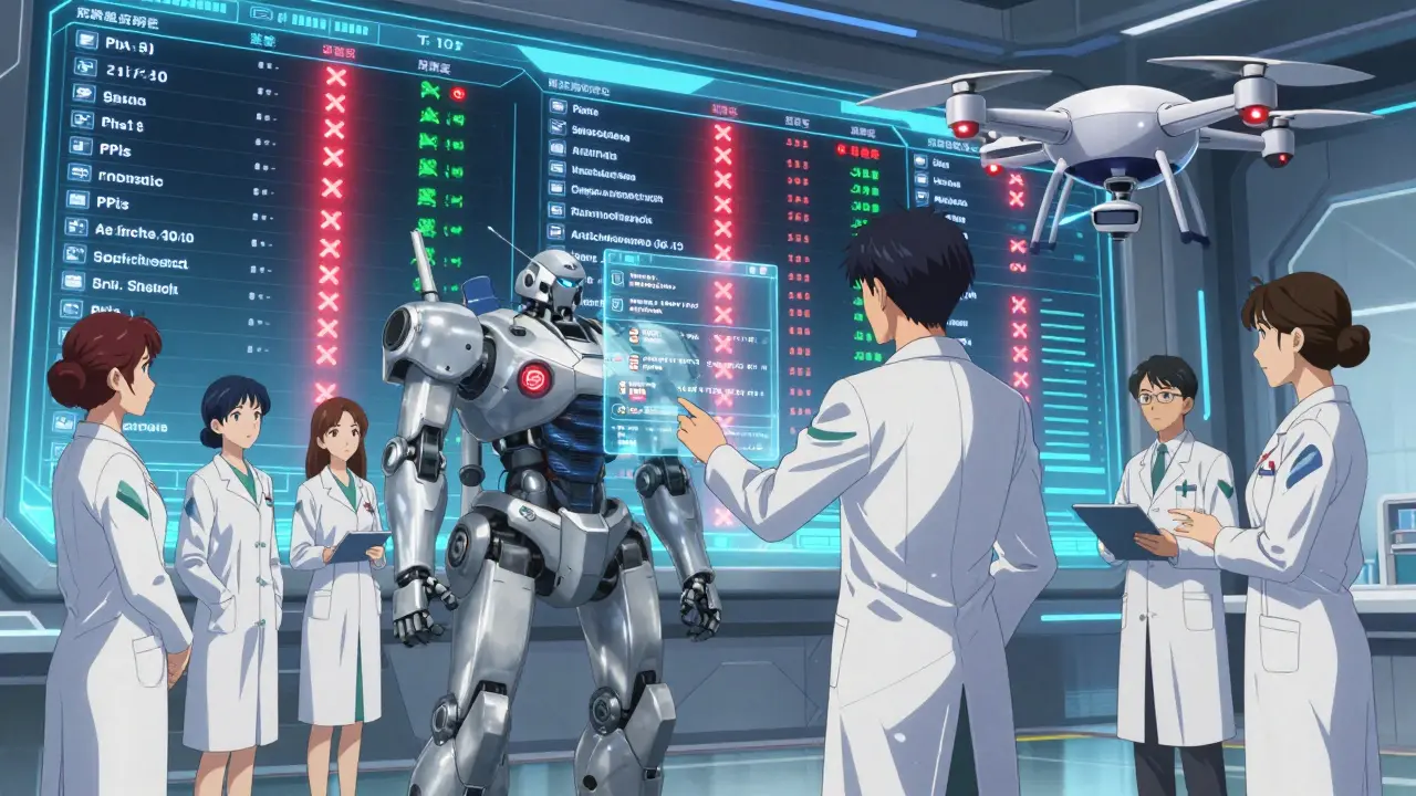 Pharmacists and technicians monitor medication mismatch data on a digital wall with AI-generated deprescribing flags.