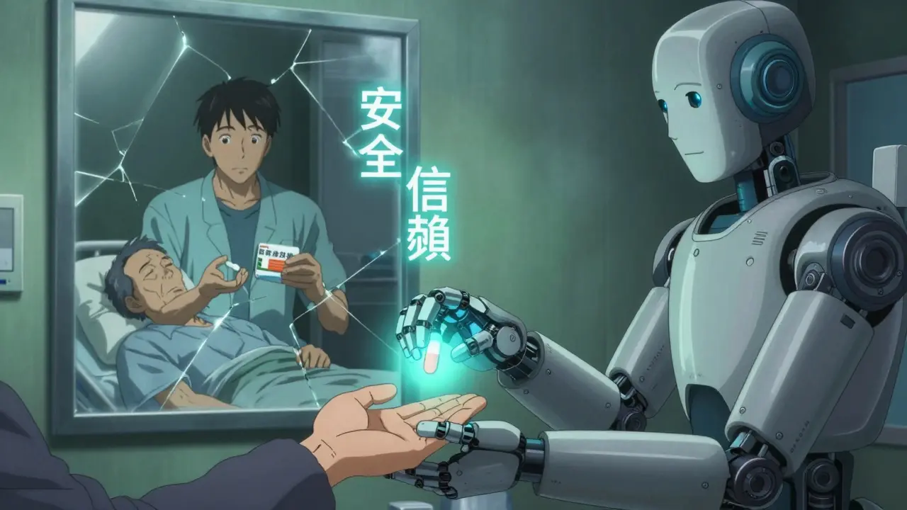Robotic pharmacist offering a generic pill while a mirror shows two possible outcomes.