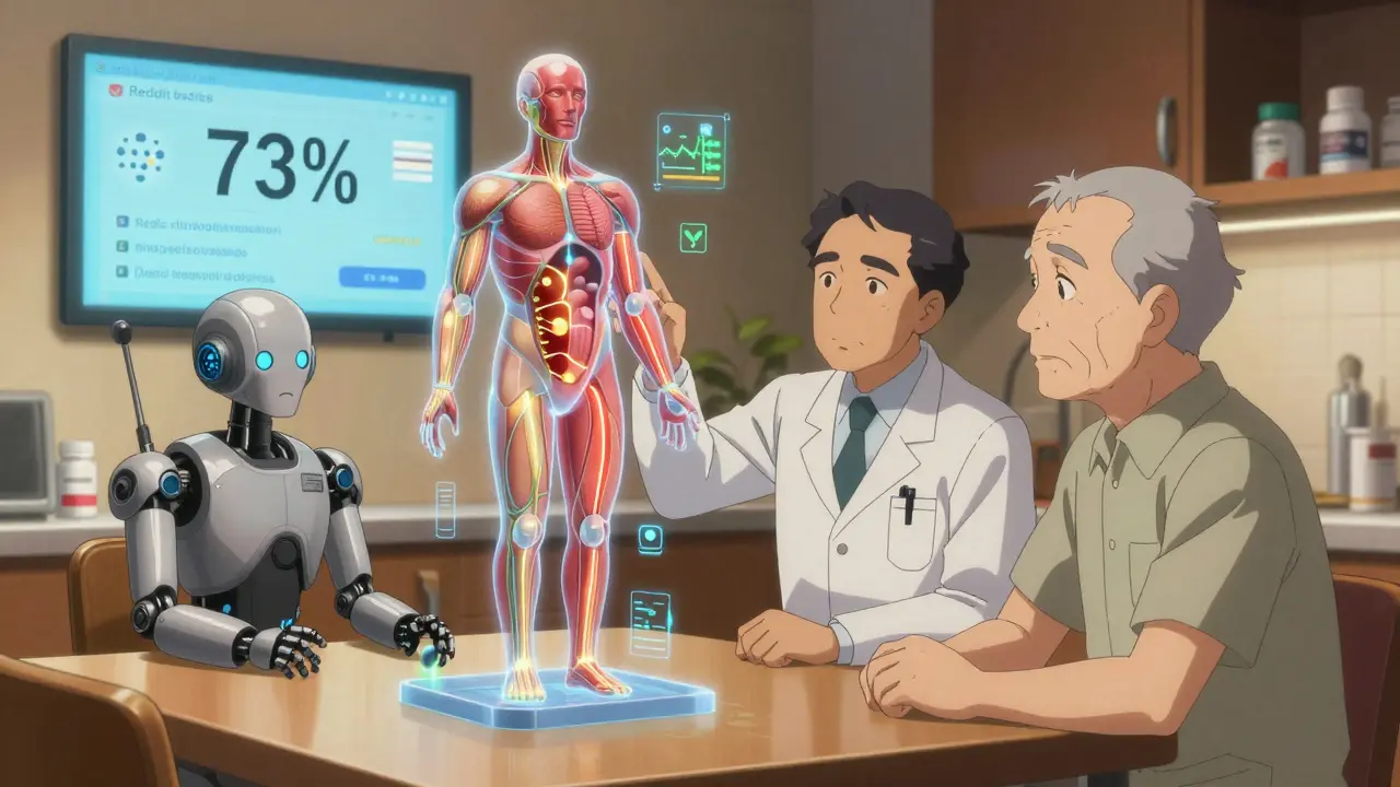 Senior with doctor and pharmacist viewing a 3D model of drug absorption in the body.
