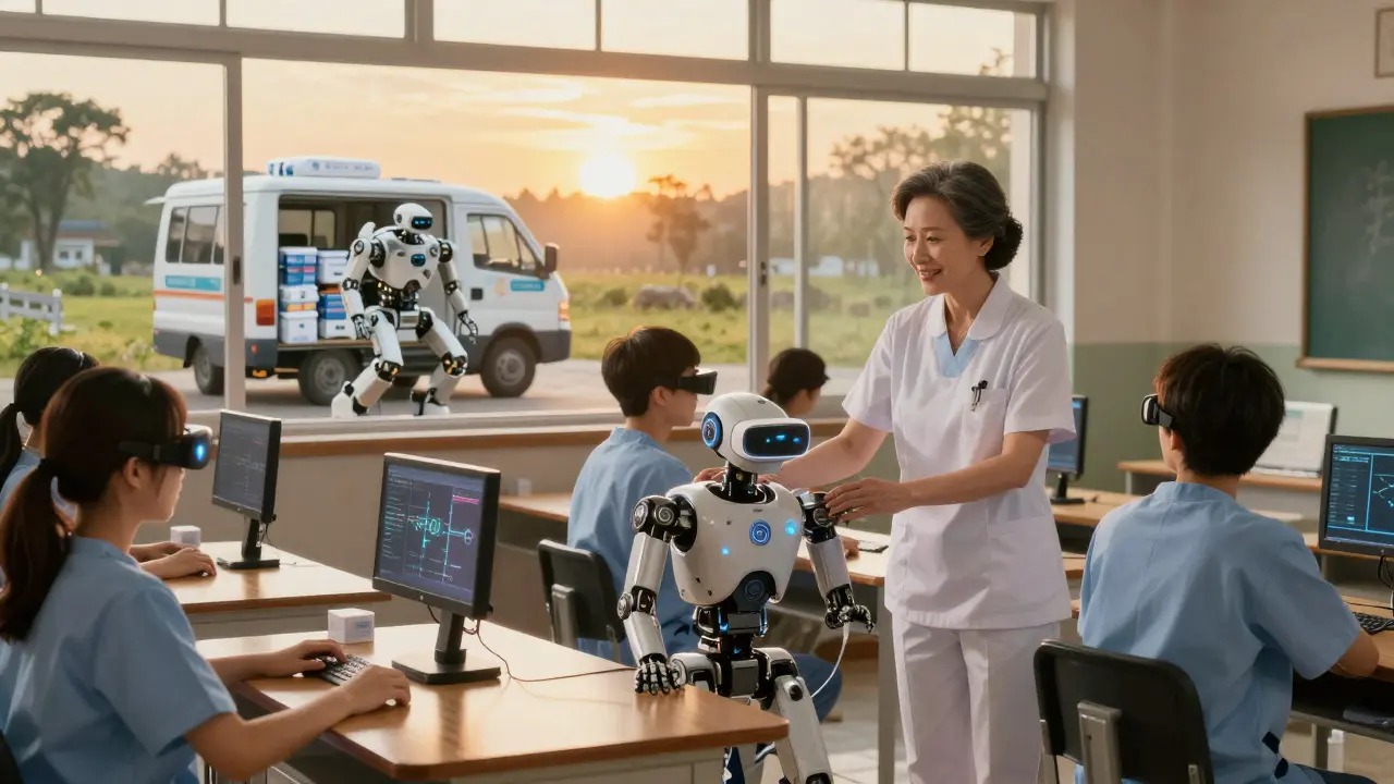 Students train with AR simulators in a community college as a mentor nurse watches approvingly.