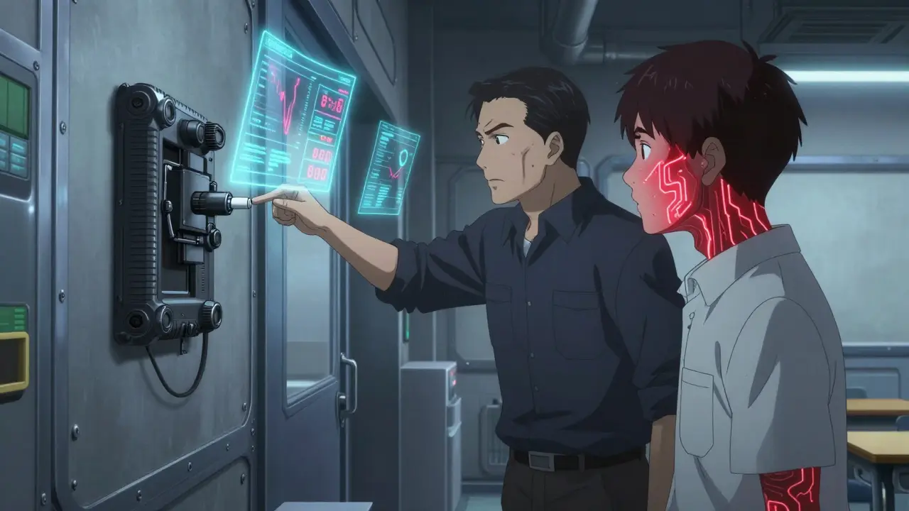 Teacher reaches for a wall-mounted epinephrine device while a student’s skin glows with red allergy symptoms in a high-tech classroom.