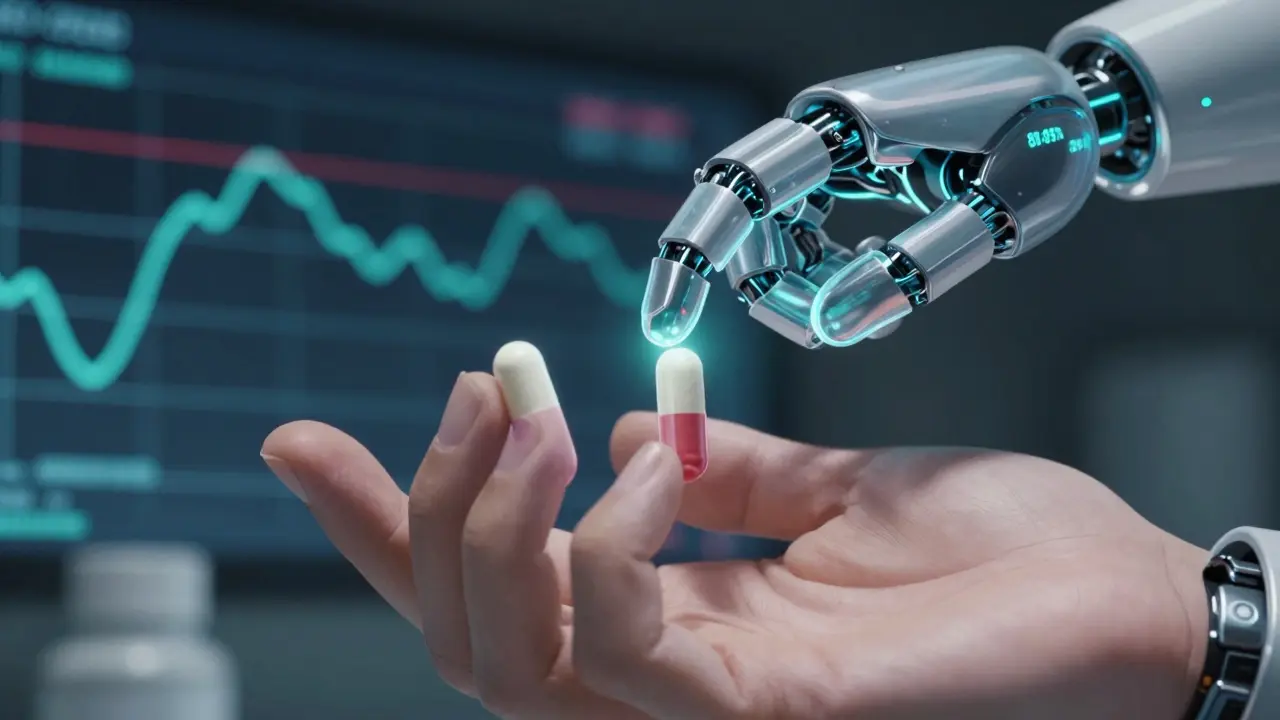 Two pills overlaid with a bioequivalence confidence interval in glowing cyan.