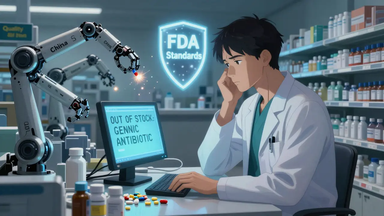 U.S. pharmacist faces stockout alert as robotic arms struggle with unstable generic supply chain.