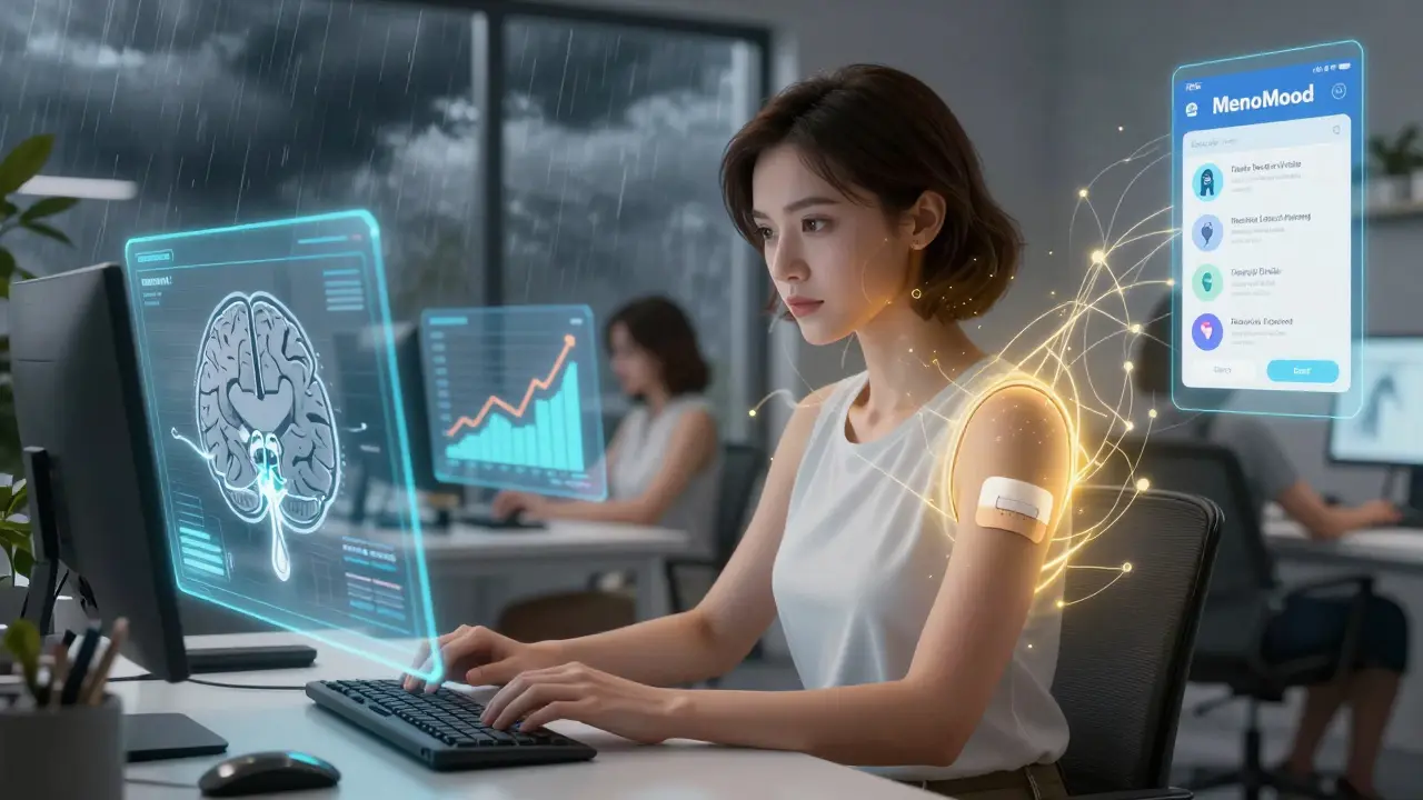 Woman at a desk with holographic brain and mood data, glowing estrogen patch on arm, digital vines connecting her to others.