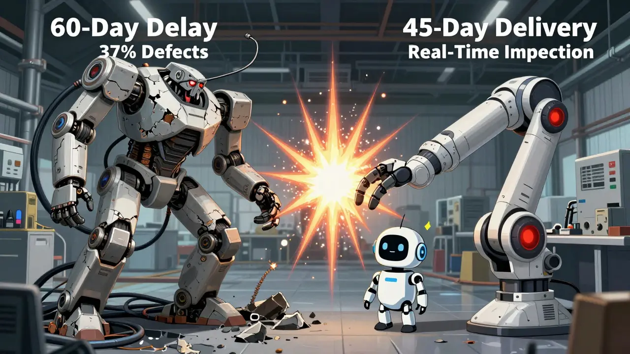 A battle between two robots: one crumbling from delays and defects, the other strong and precise, symbolizing domestic vs overseas manufacturing.