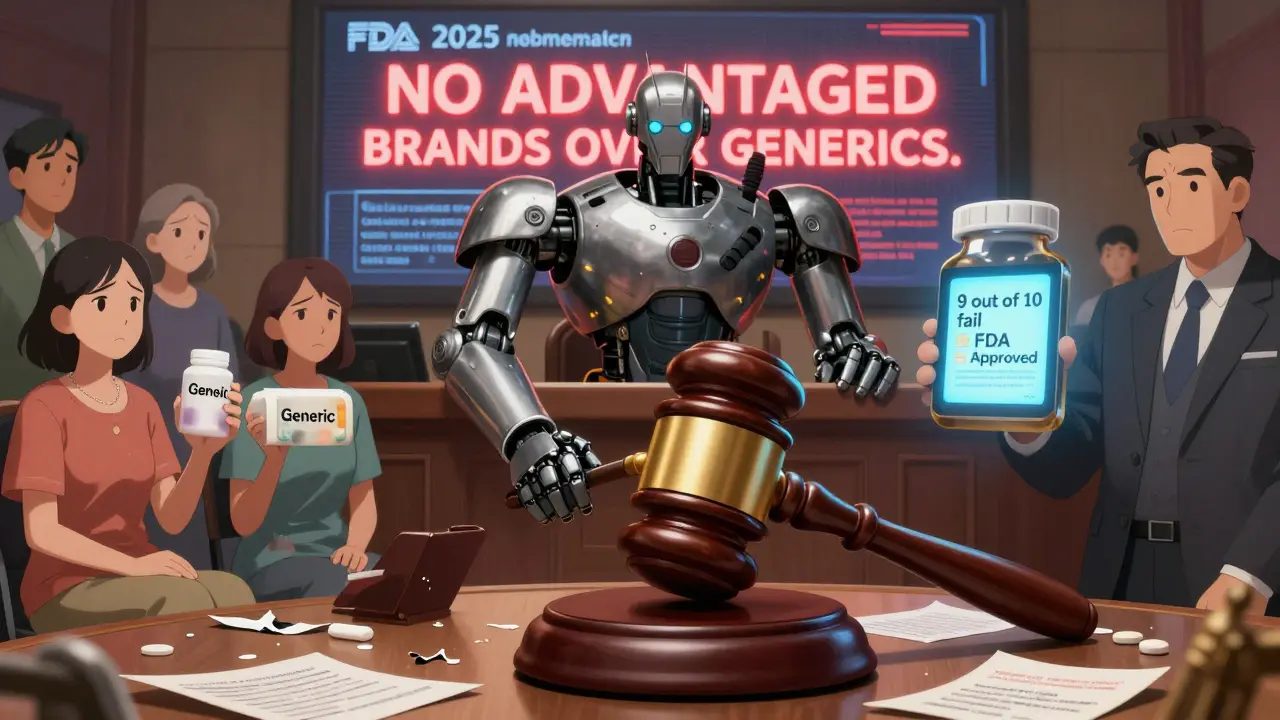 A giant robotic judge hammers down a pill-shaped gavel as patients and a corporate lawyer face off in court over false drug ads.