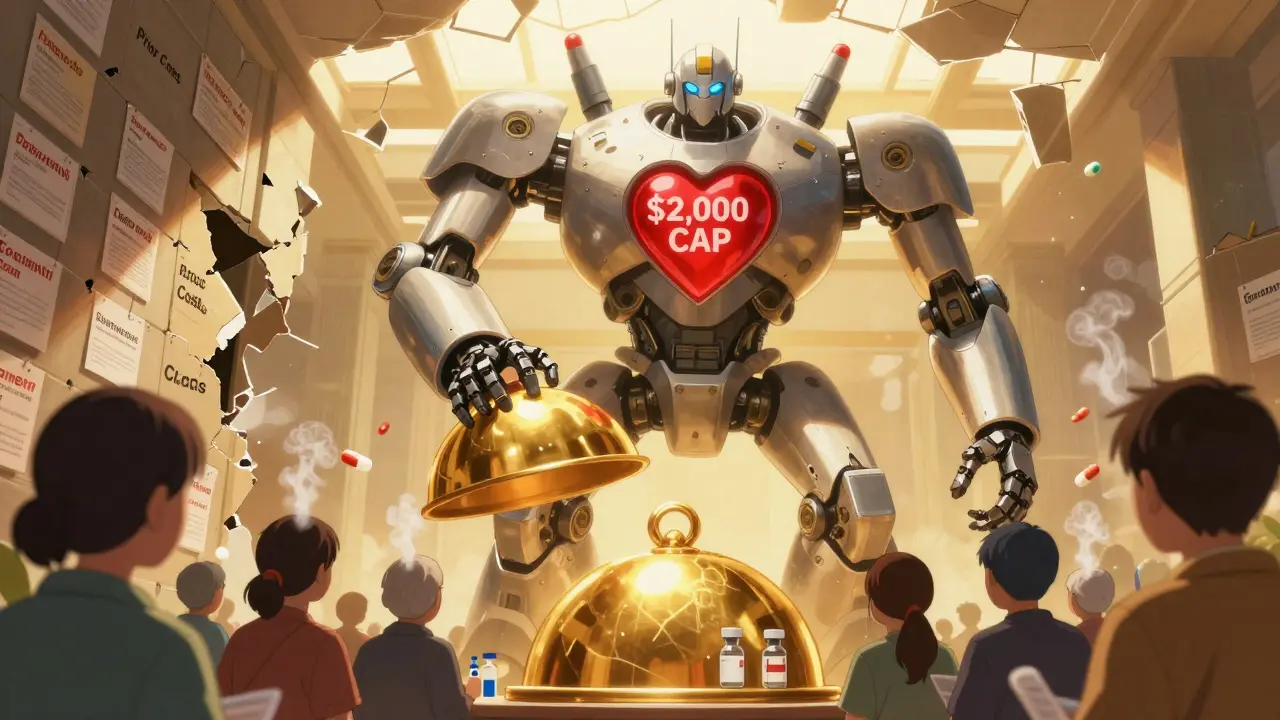 A massive mech with a ,000 cap heart lowering a protective dome over patients, crushing old drug price tags, in a hopeful, glowing scene.
