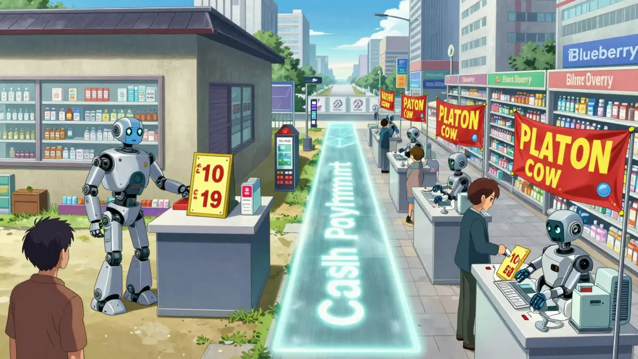 A rural pharmacy with high prices contrasts with a bustling urban pharmacy district, as a cash payment path bypasses corporate machinery.