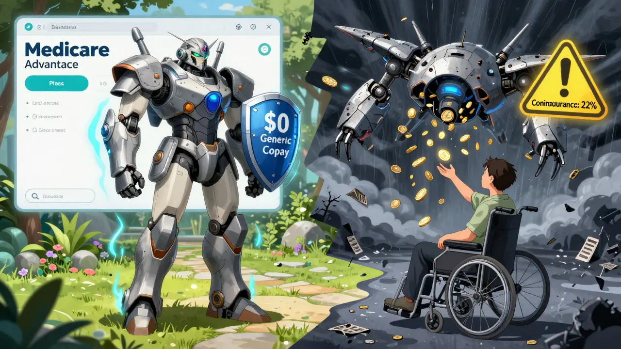 A split scene showing two healthcare systems as robots—one calm and protective, the other chaotic and draining—while a patient reaches between them.