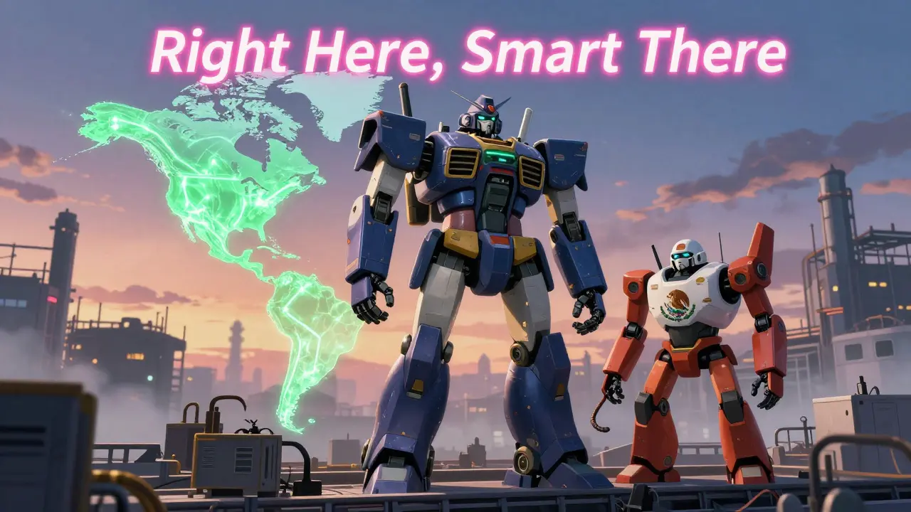 A U.S. robot and a Mexican robot work together on a production line, with a glowing North American map behind them under a dawn sky.