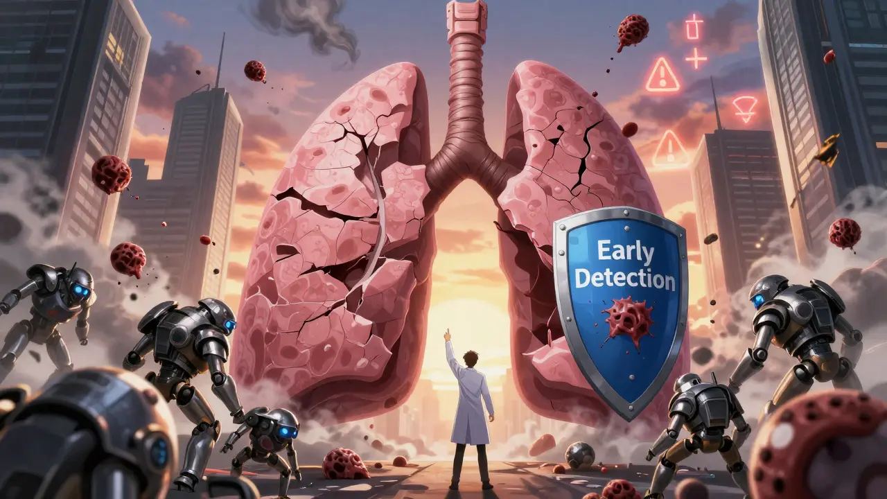 Battle inside a lung where scar tissue attacks fragile air sacs, defended by a symbol of early detection.