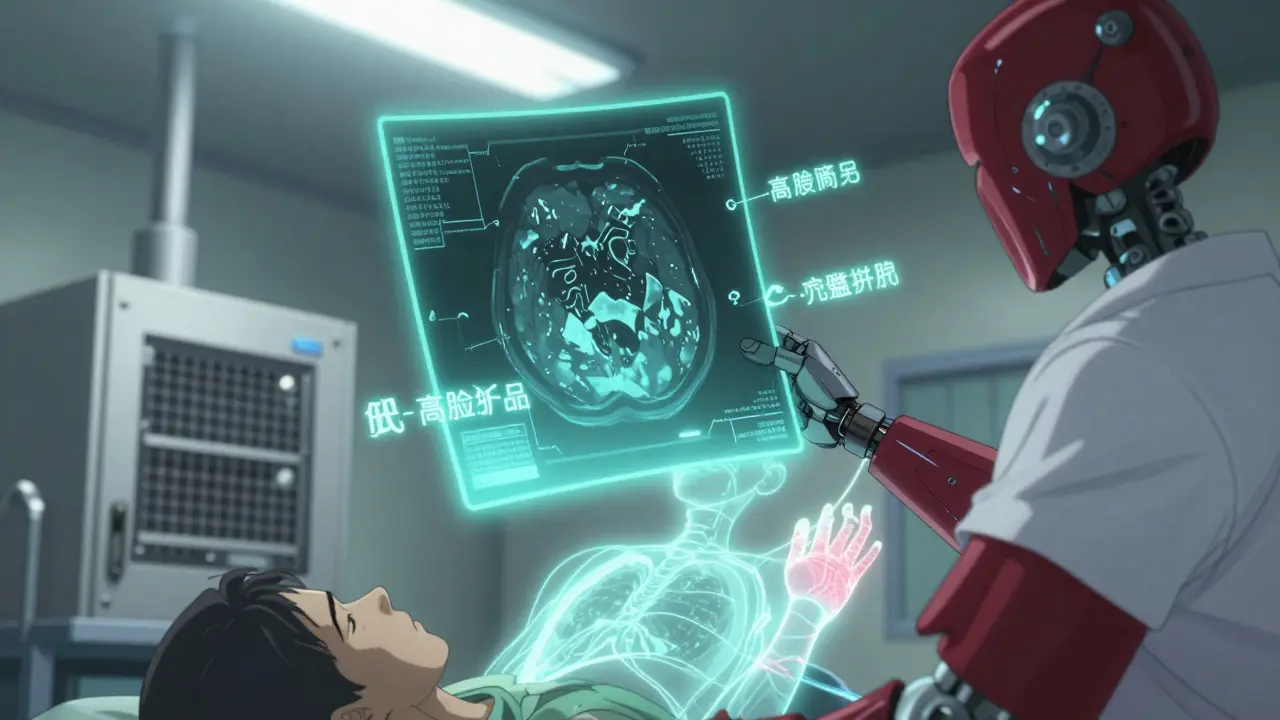 Doctor viewing a holographic CT scan of fibrotic lungs, with drug names displayed as glowing glyphs.