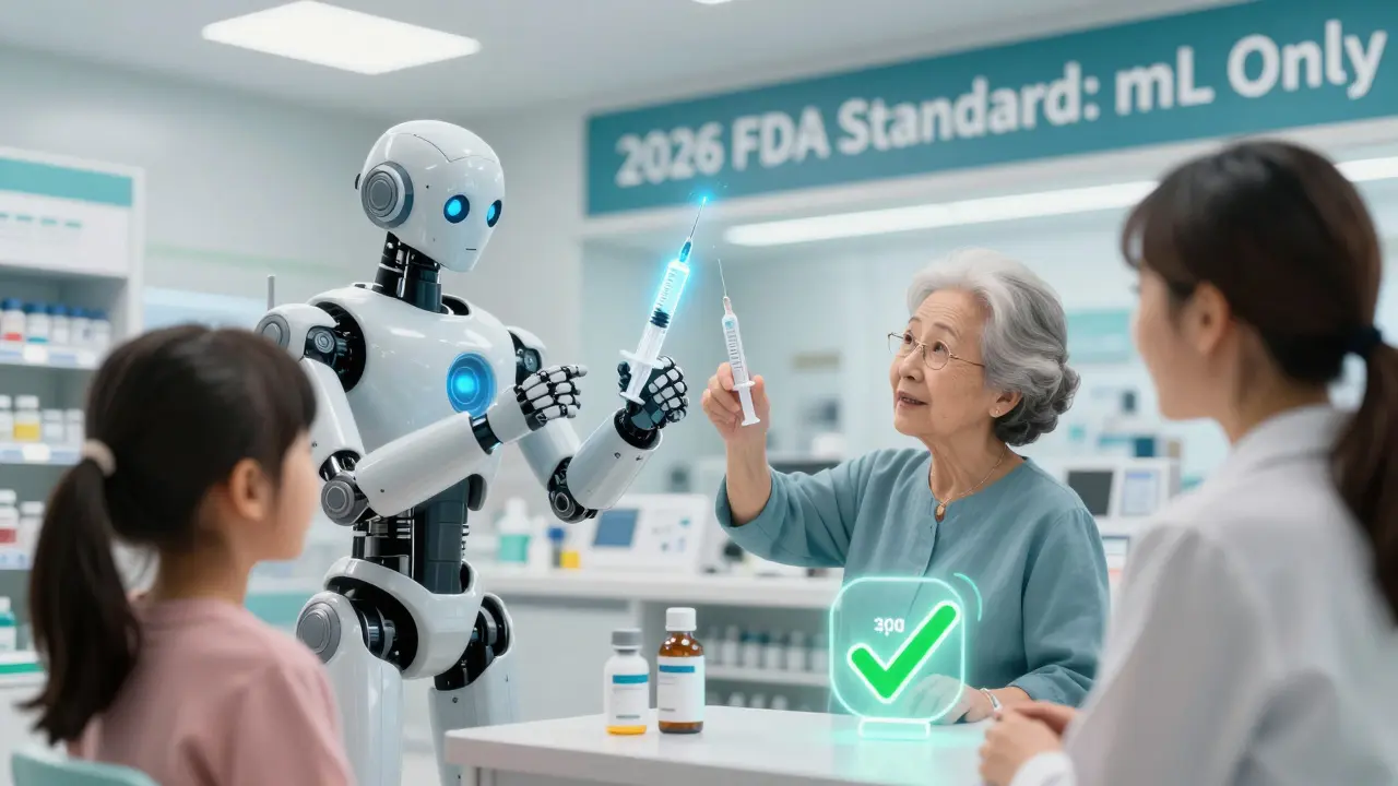 Family learning medication dosing from a pharmacist with an augmented-reality syringe projecting the correct volume.