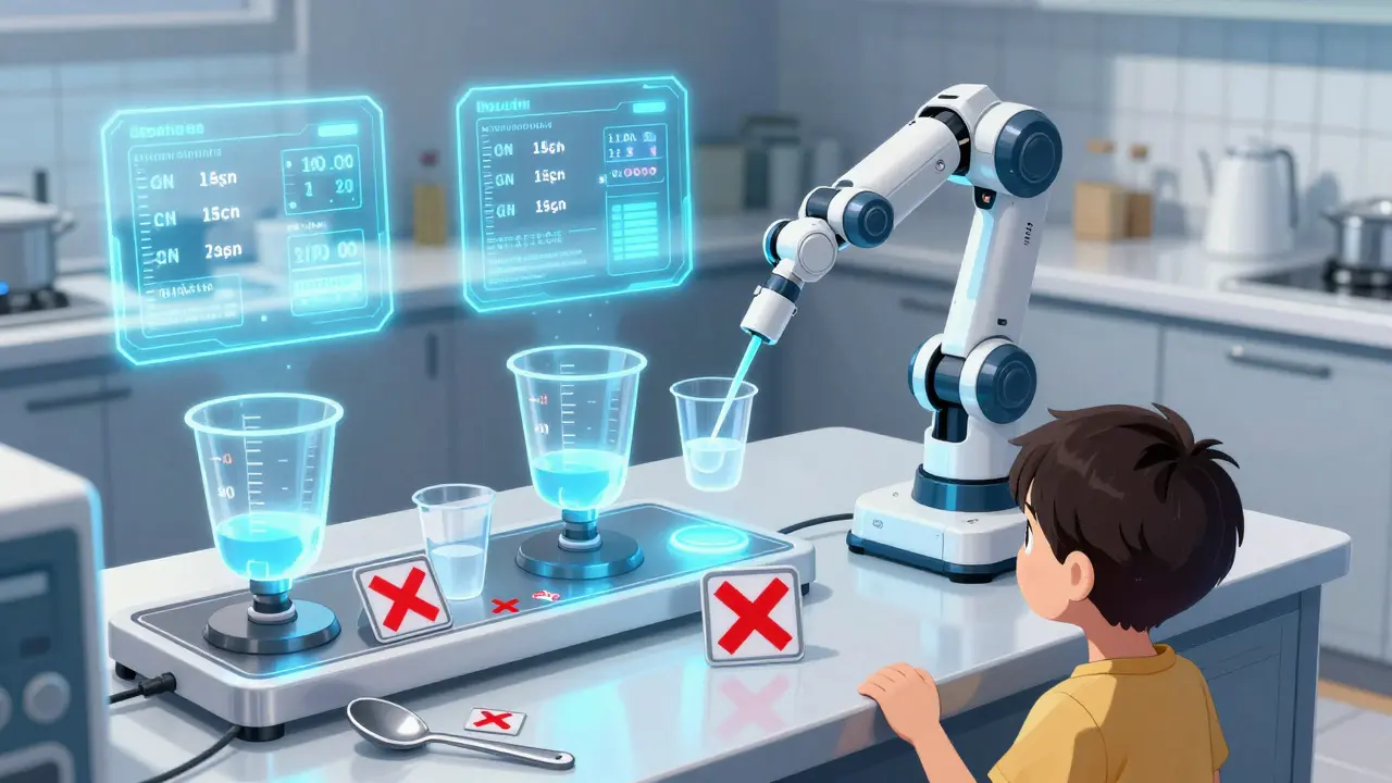 High-tech kitchen station with holographic dosing guides, discarded kitchen spoons marked with warning symbols.