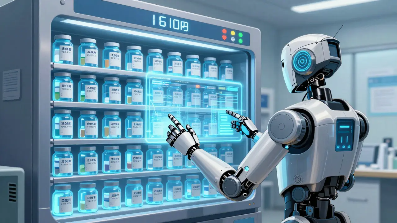 Pharmacy robotic system managing strategic stockpile of critical drugs with holographic data.