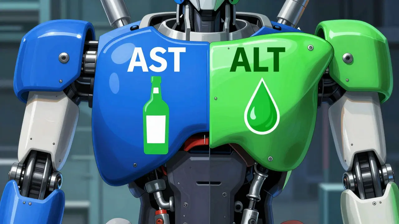 Robot liver showing AST/ALT ratio differences for alcohol vs fatty liver.