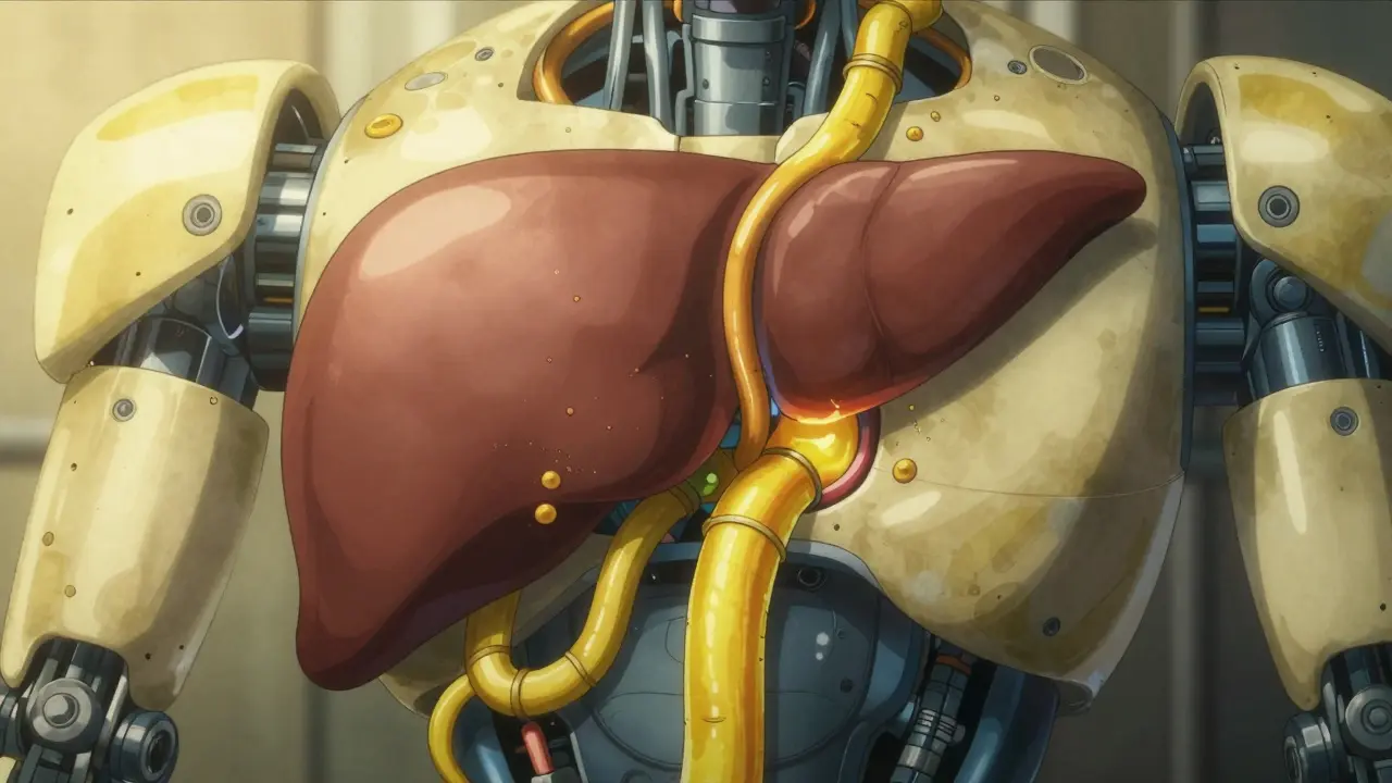 Robotic bile duct blockage causing jaundice symptoms.