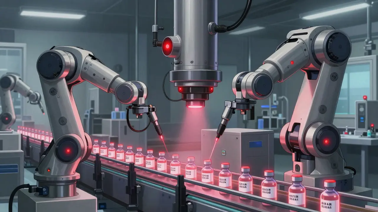 Robotic inspection system detecting defective cisplatin vials in pharmaceutical factory.