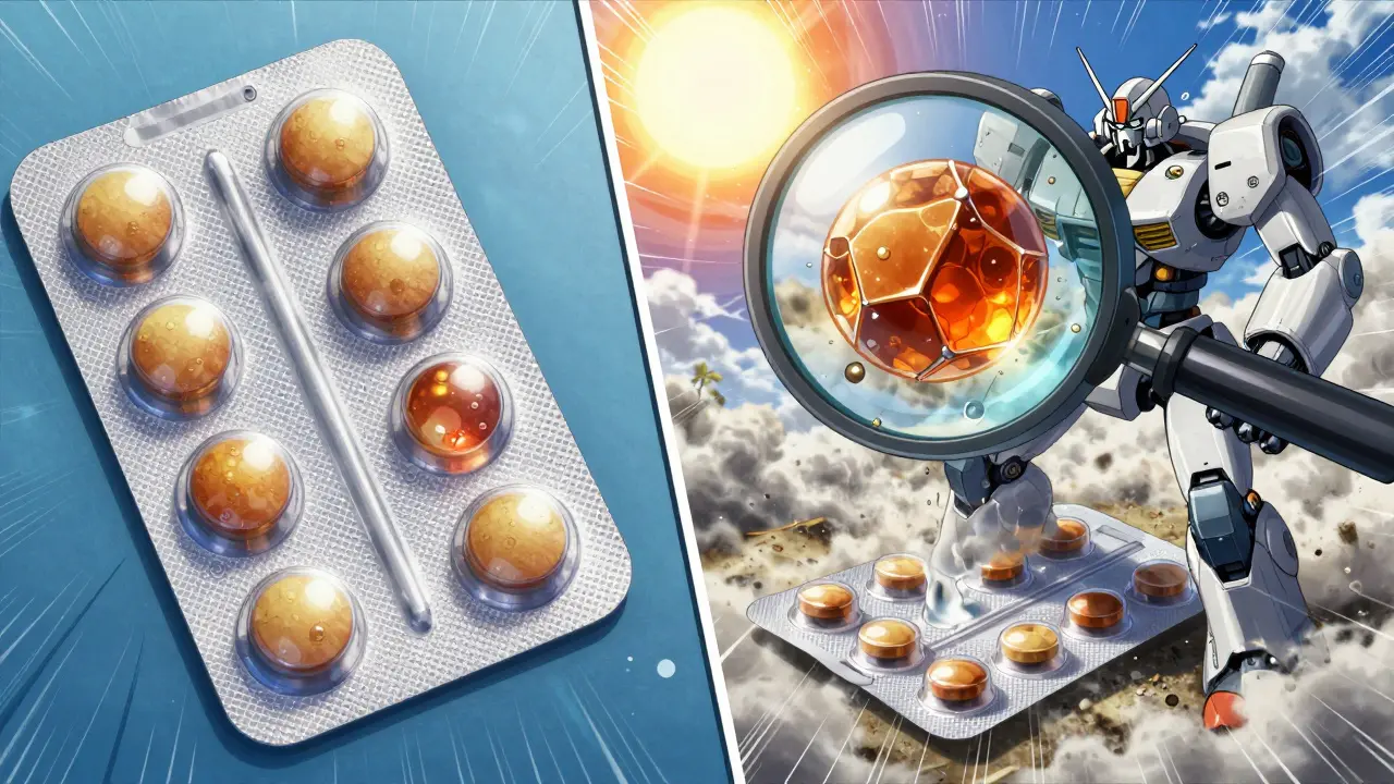 Side-by-side comparison of brand-name and generic drug packaging under environmental stress, with microscopic degradation visible through a magnifying lens.