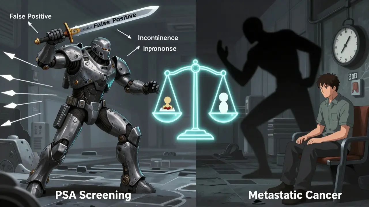 A battlefield metaphor showing the trade-offs of PSA screening: false positives versus metastatic cancer risk.