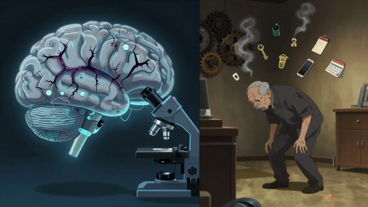 A brain with shrinking receptors and memory fragments fading, symbolizing long-term benzo effects.