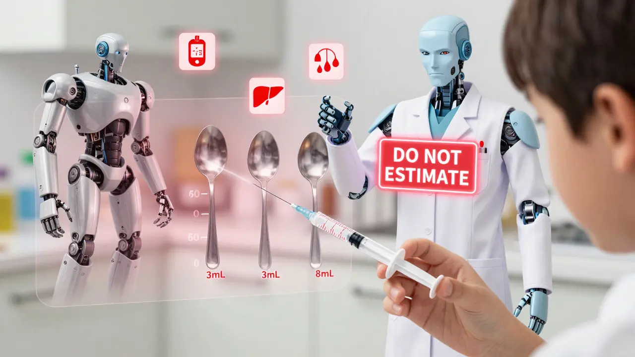 A child's hand using a syringe to measure medicine while distorted kitchen spoons loom as mechanical threats, with a pharmacist nearby.