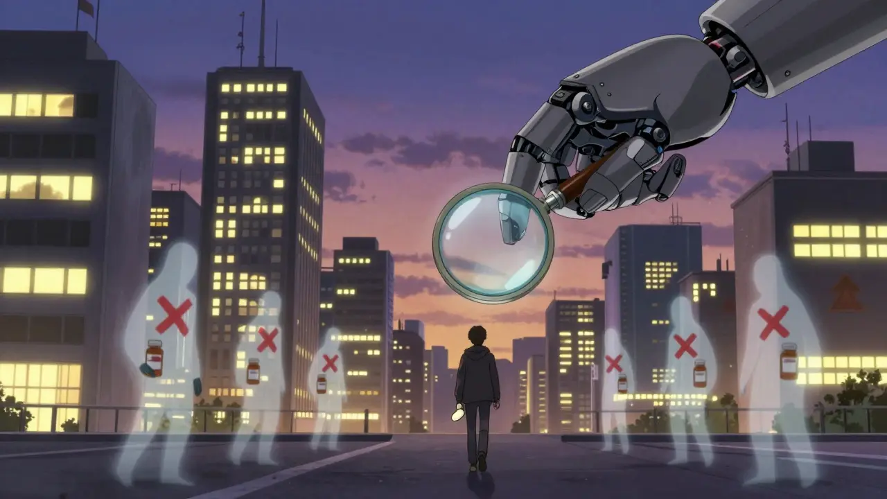 A city skyline made of OTC medicine brands, with one person holding a single tablet as ghostly figures fade around them, watched by a giant robotic hand.