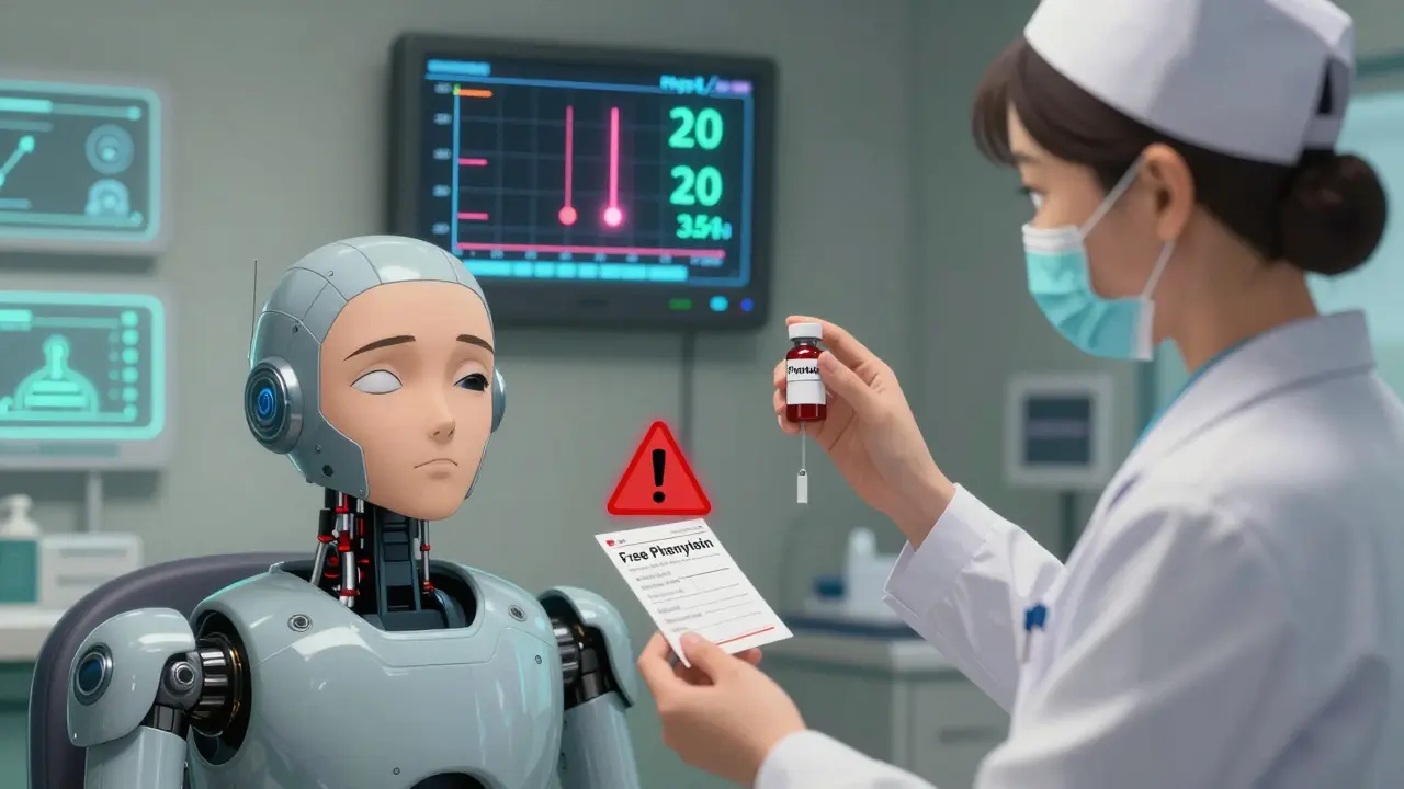 A patient experiencing nystagmus in a clinic as toxic phenytoin levels rise on a monitor, while a nurse tests free phenytoin levels.