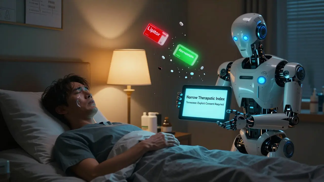 A patient seizes as a robotic pharmacist displays a warning about drug substitution rules.