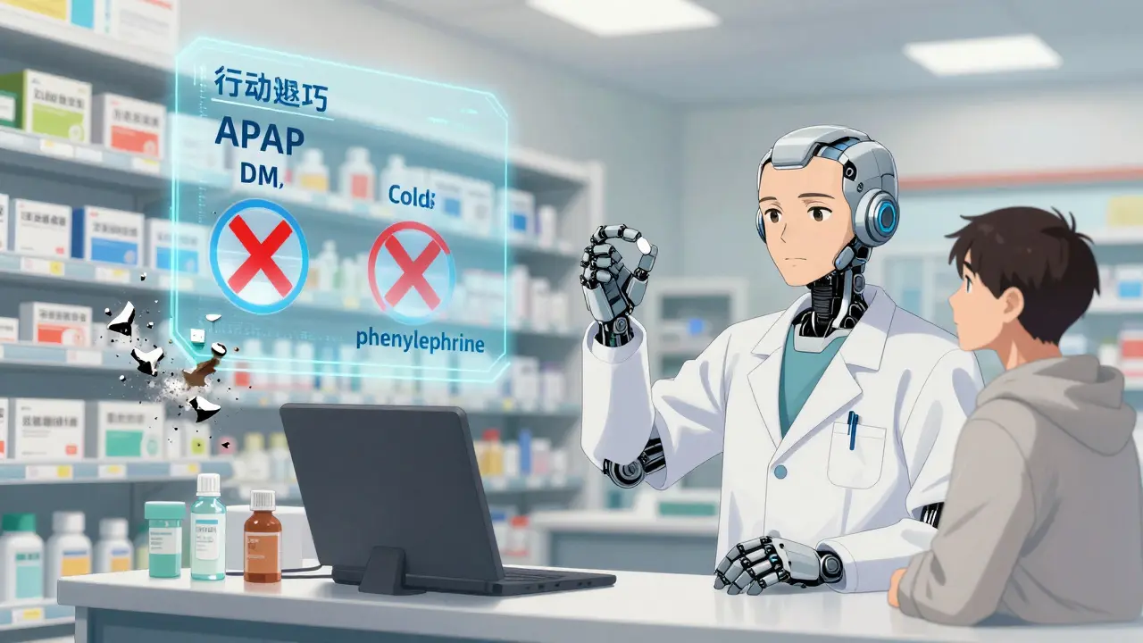 A pharmacist holding a single tablet while combo cold products crumble into dust behind them.