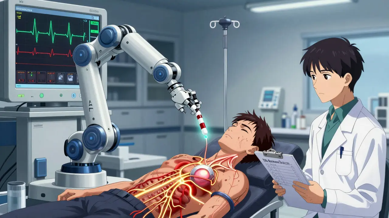 A robotic arm administering clomipramine while an EKG monitor shows a stabilizing heart rhythm, with a doctor observing a decreasing symptom score.