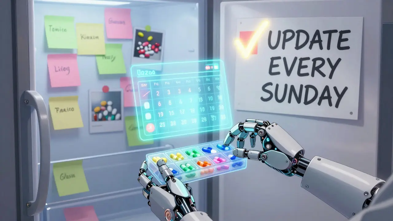 A robotic arm sorts pills by color-coded time slots while a fridge displays photos and sticky notes labeled with medication names.
