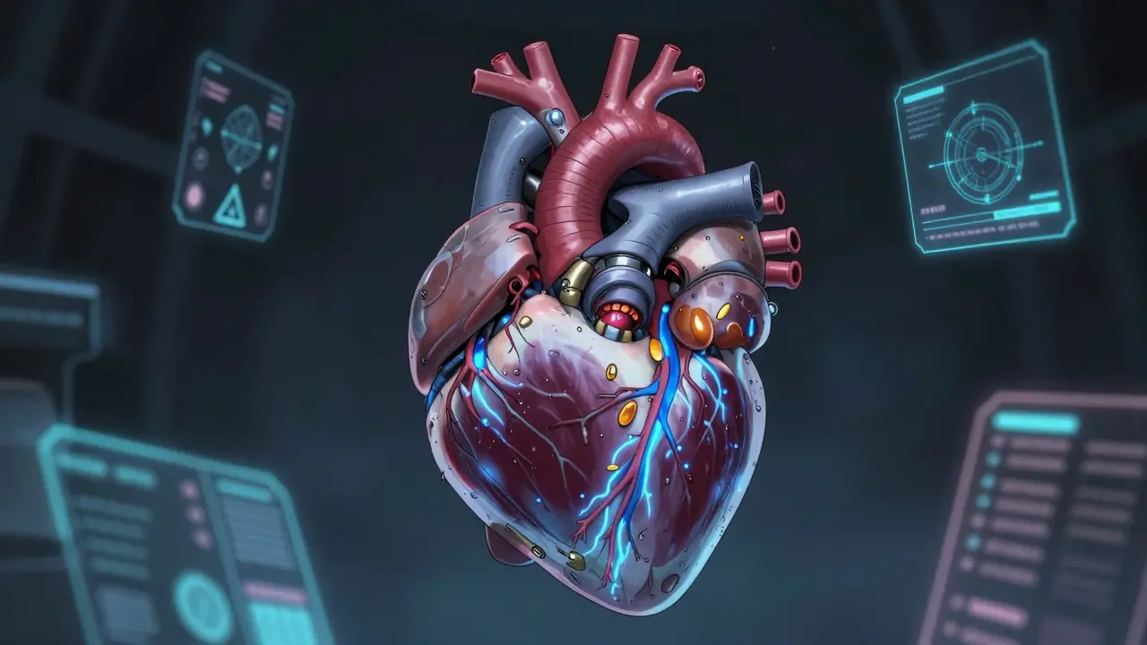 Biomechanical heart illustration with glowing blue energy streams.