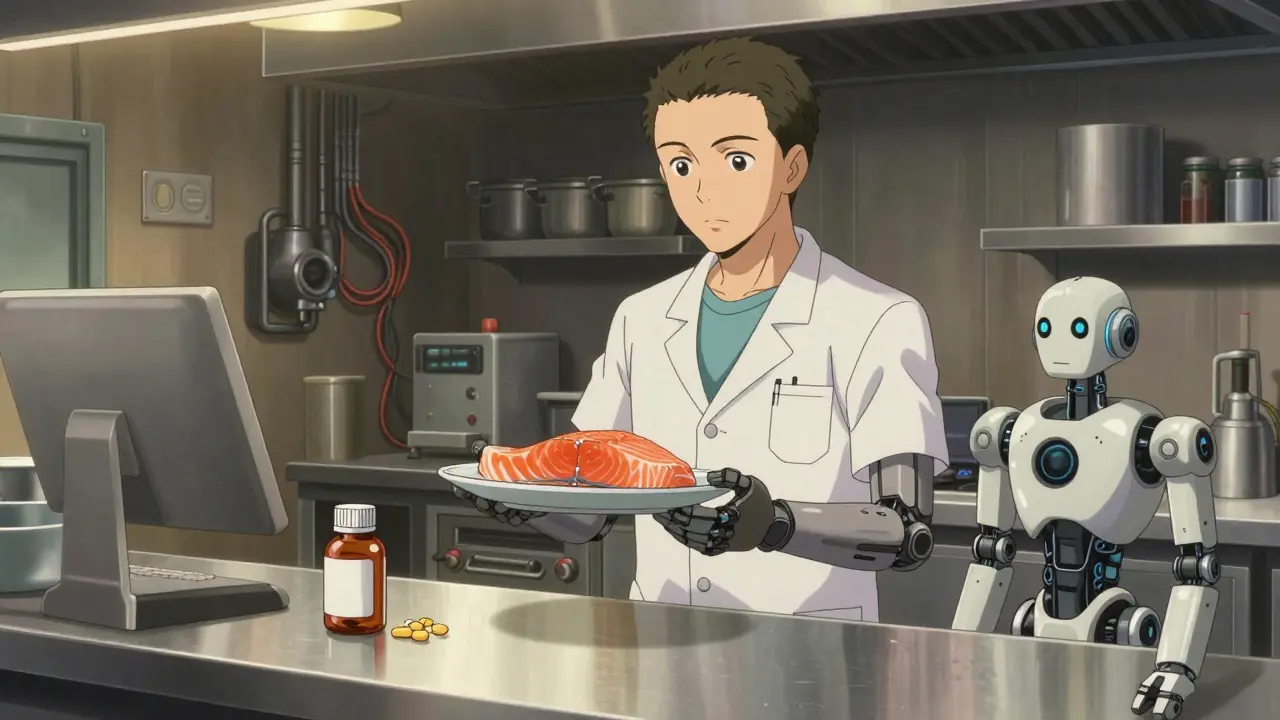 Chef holding fresh salmon next to supplement bottle in tech kitchen.